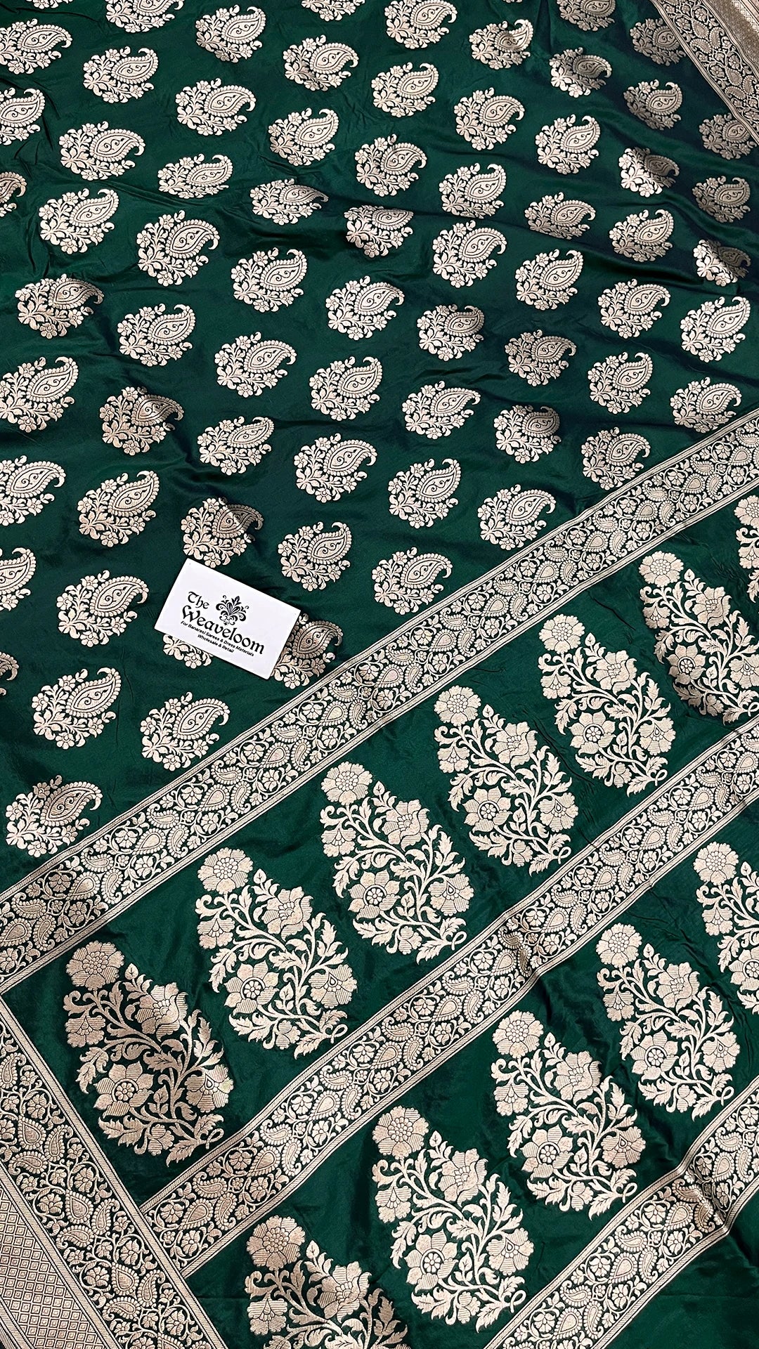 Bottle Green Katan Silk Pure Banarasi Saree with Silver Zari Paisley Motifs by The Weaveloom