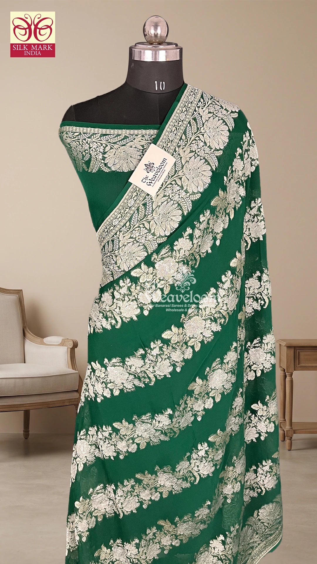 Bottle Green Khaddi Georgette Pure Banarasi Saree Sona Rupa Water Zari – The Weaveloom
