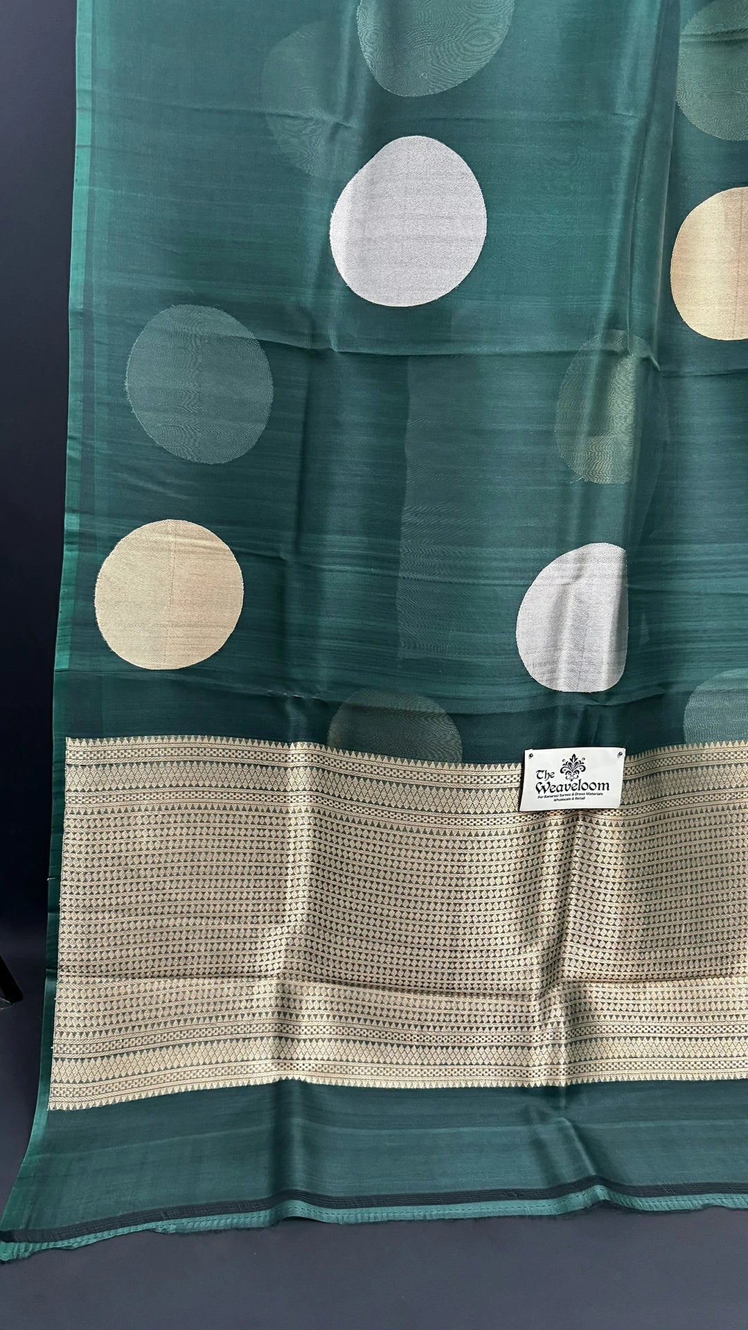 Bottle Green Kora Silk Handloom Pure Banarasi Saree With Zari Polka Dot Motifs by The Weaveloom