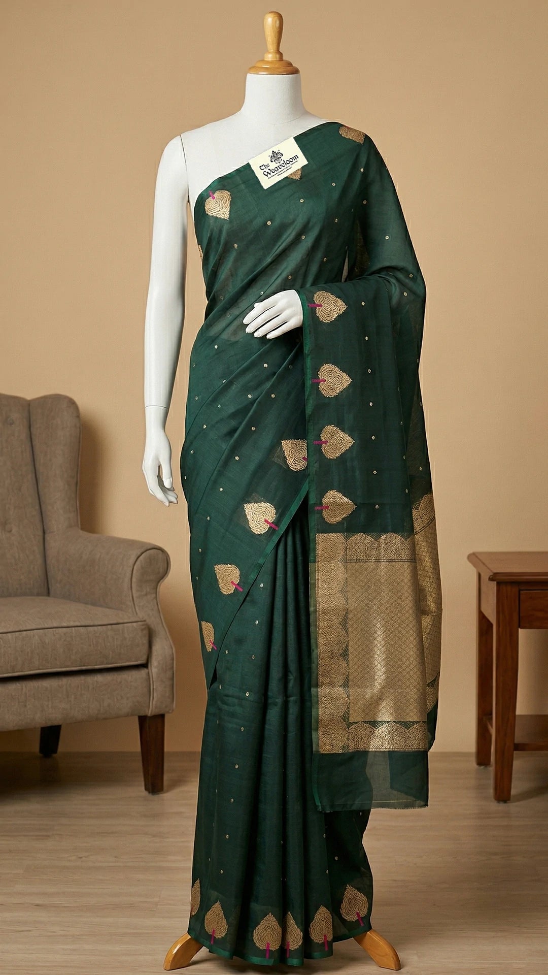 Bottle Green Kora Silk Handloom Pure Banarasi Saree with Sona Rupa Zari Buti and Rich Border by The Weaveloom
