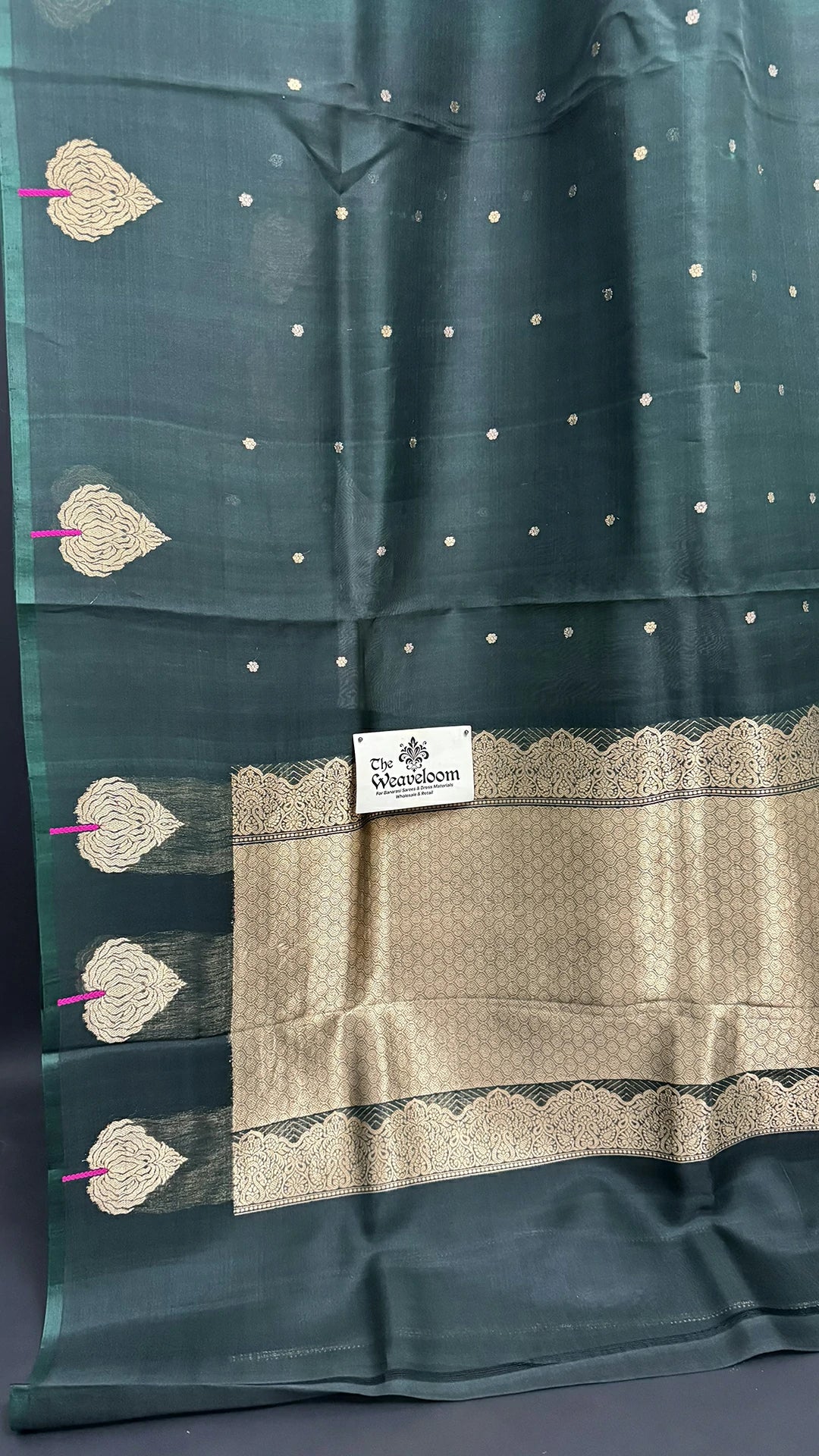 Bottle Green Kora Silk Handloom Pure Banarasi Saree with Sona Rupa Zari Buti and Rich Border by The Weaveloom