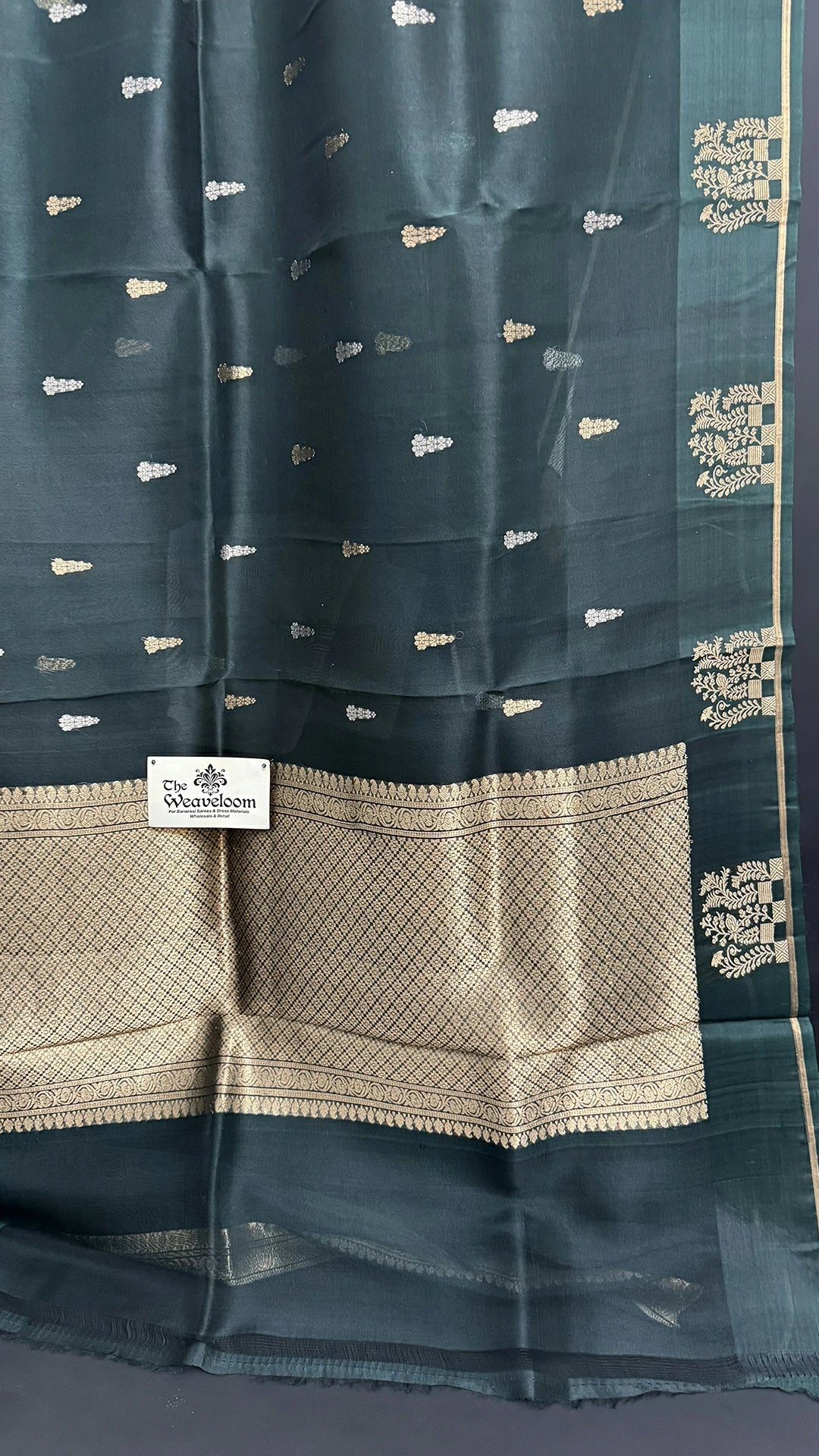 The Weaveloom bottle green kora silk pure banarasi saree sona rupa zari buti broad border