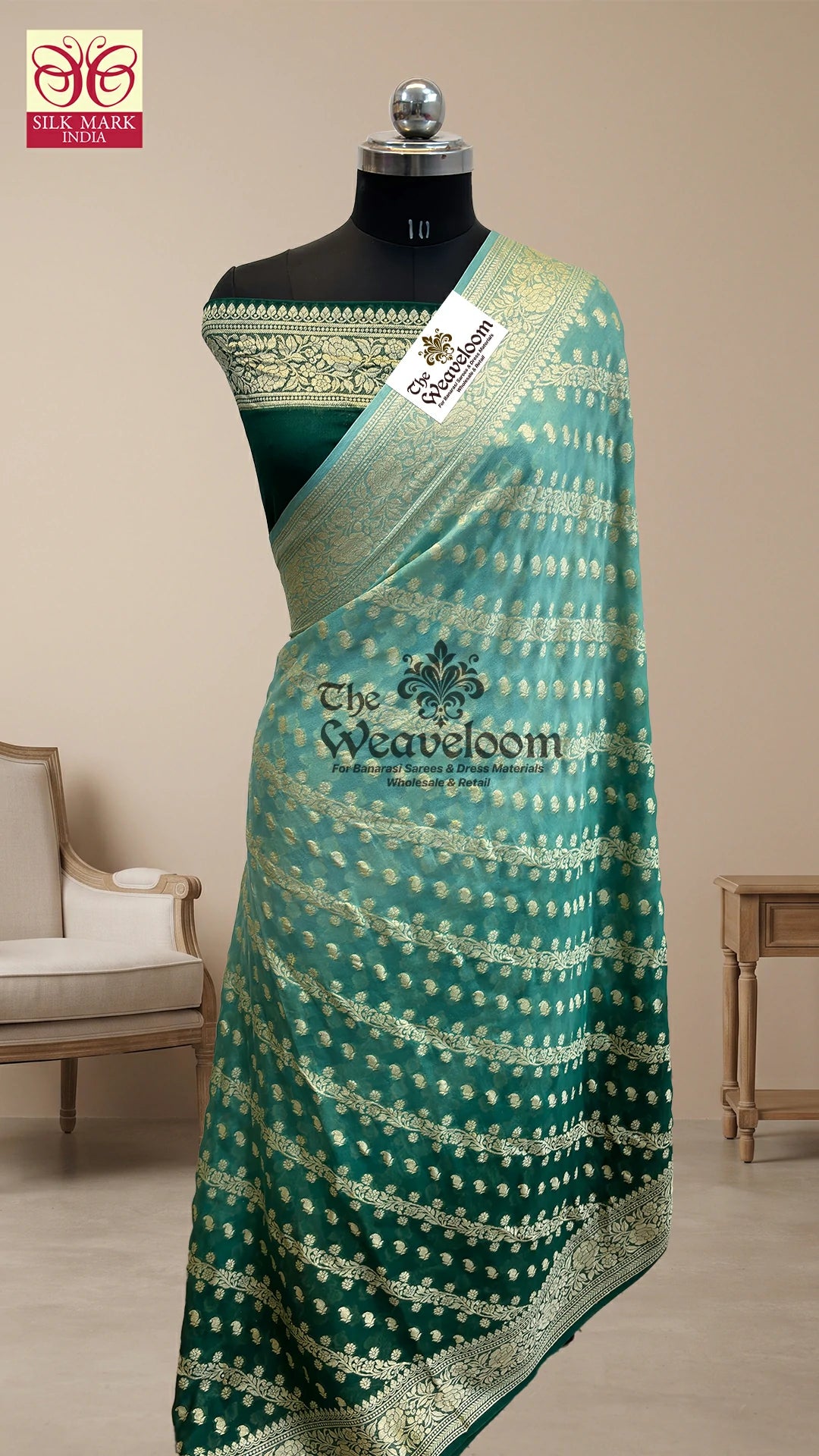 Bottle Green Ombre Floral Jaal Crepe Georgette Pure Banarasi Saree by The Weaveloom