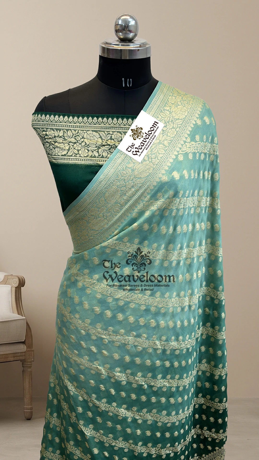 Bottle Green Ombre Floral Jaal Crepe Georgette Pure Banarasi Saree by The Weaveloom
