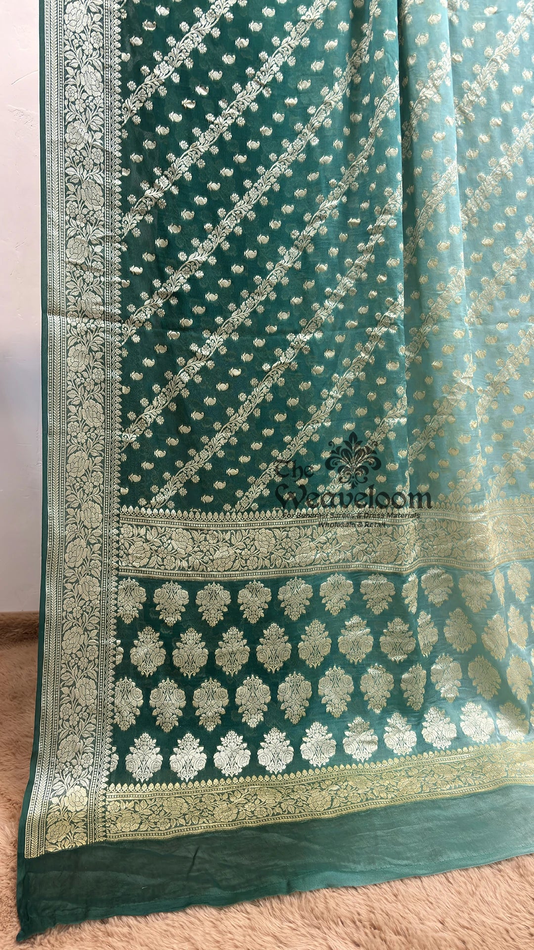 Bottle Green Ombre Floral Jaal Crepe Georgette Pure Banarasi Saree by The Weaveloom