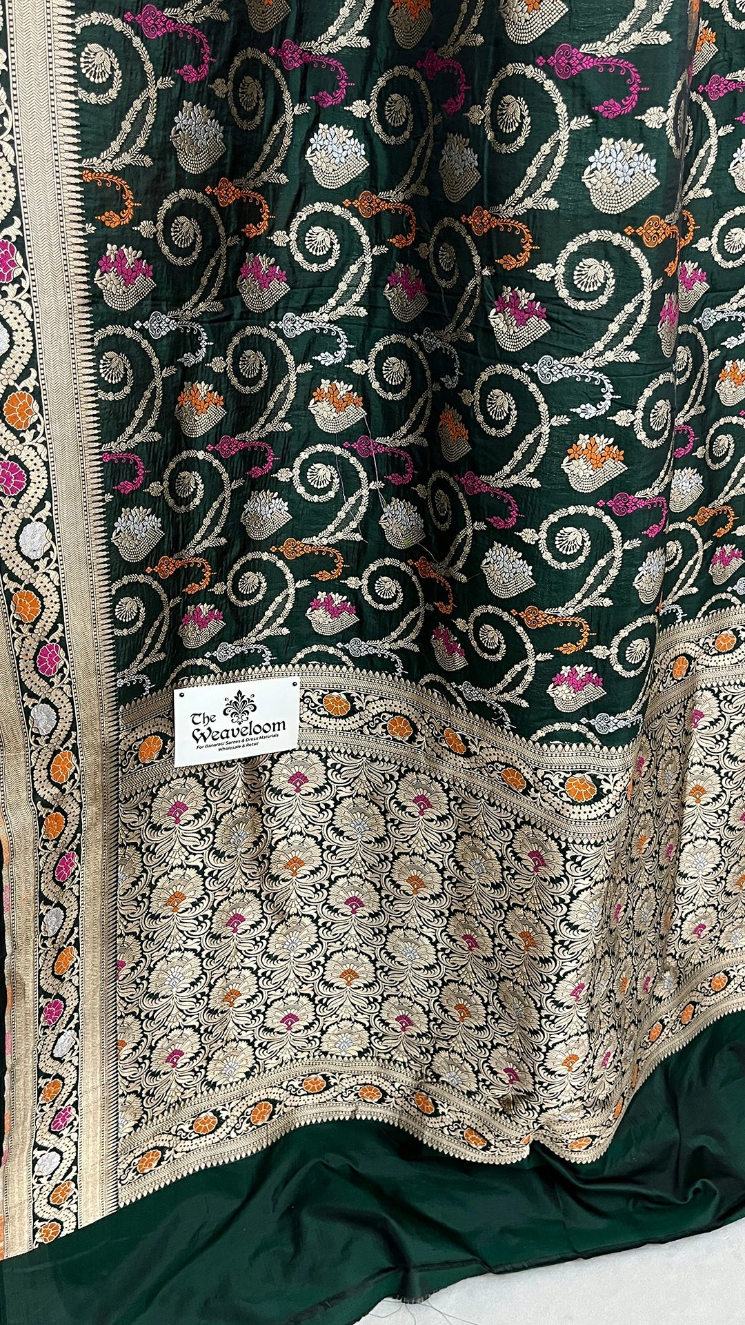 Bottle Green Pure Katan Silk Banarasi Saree with Meenakari Work by The Weaveloom – Wedding Wear Saree with Zari Border and Pallu
