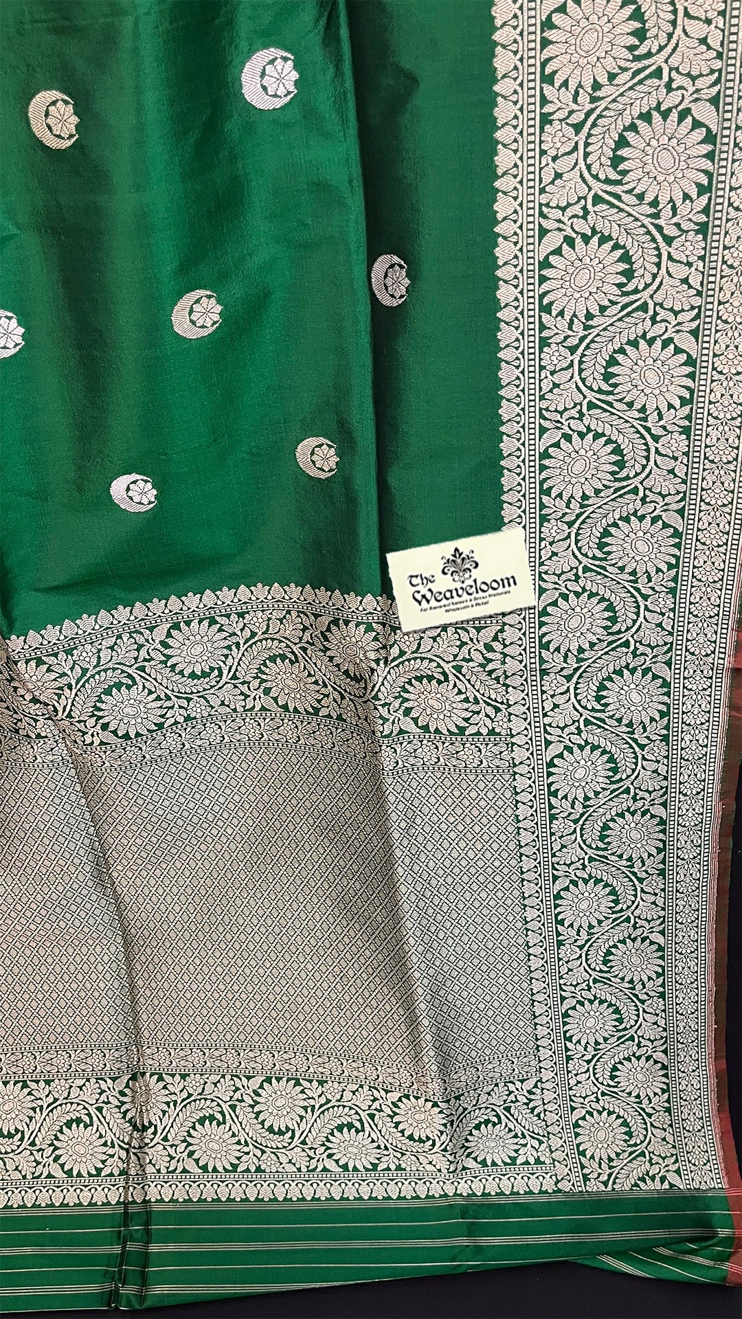 Bottle Green Pure Katan Silk Chand Tara Handloom Banarasi Saree with Sona Rupa Zari by The Weaveloom