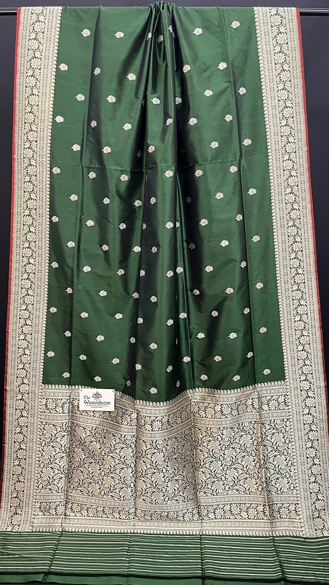 Bottle Green Pure Katan Silk Sona Rupa Zari Buti Handloom Banarasi Saree by The Weaveloom