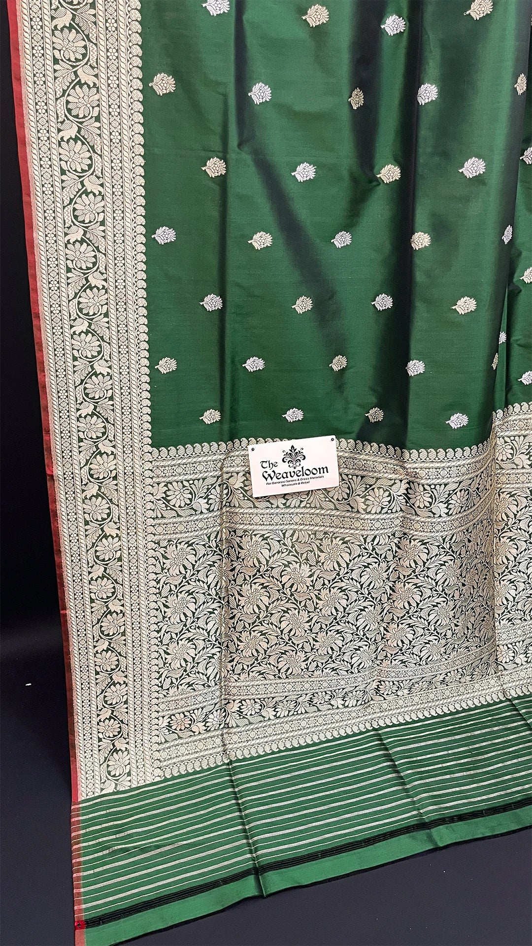 Bottle Green Pure Katan Silk Sona Rupa Zari Buti Handloom Banarasi Saree by The Weaveloom