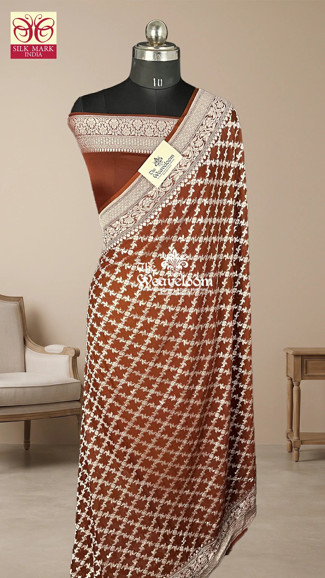 Brown Floral Jaal Silver Zari Khaddi Georgette Pure Banarasi Saree by The Weaveloom