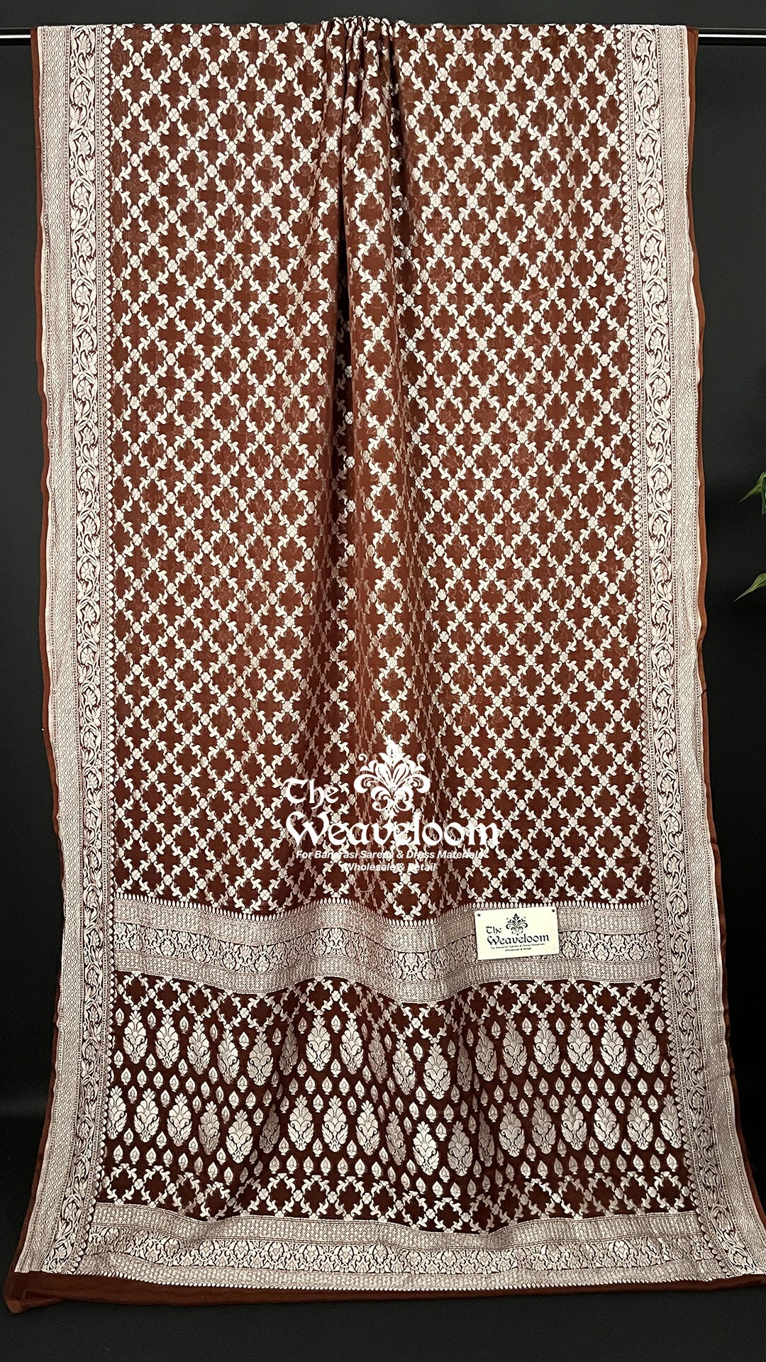 Brown Floral Jaal Silver Zari Khaddi Georgette Pure Banarasi Saree by The Weaveloom