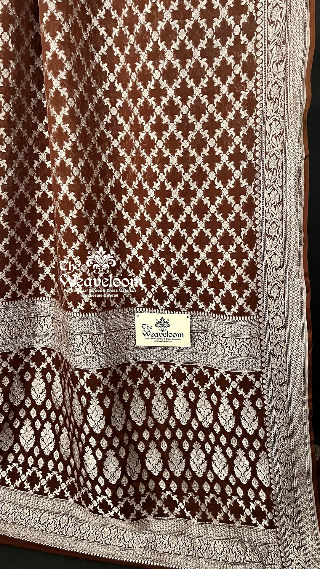 Brown Floral Jaal Silver Zari Khaddi Georgette Pure Banarasi Saree by The Weaveloom