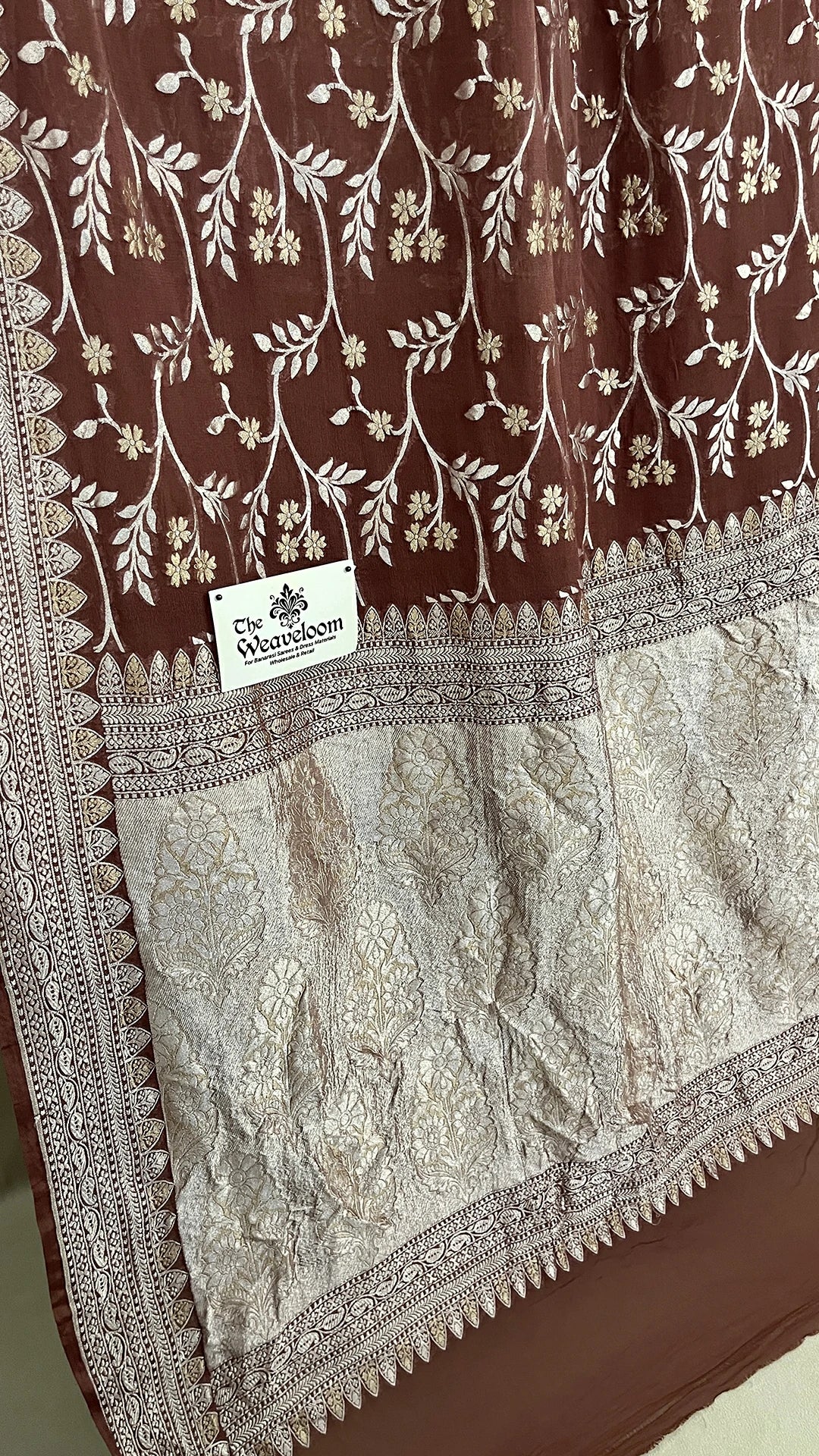 Brown Khaddi Georgette Pure Banarasi Saree with Sona Rupa Water Zari The Weaveloom