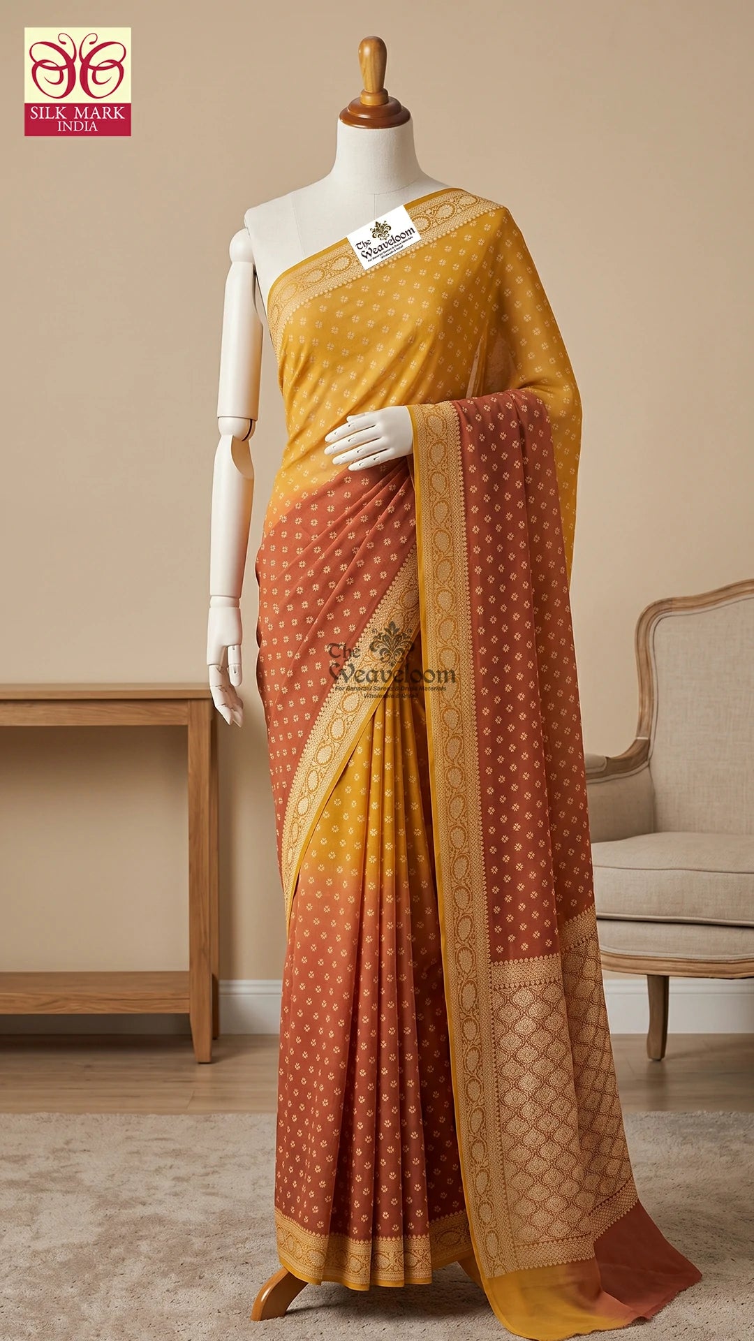 Brown Ombre Buti Crepe Georgette Pure Banarasi Saree by The Weaveloom