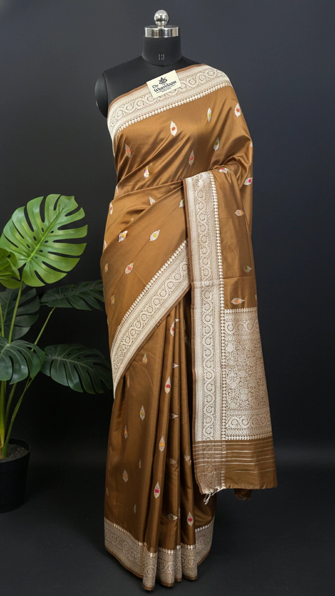 Brown Pure Katan Silk Handloom Banarasi Saree with Meenakari Leaf Butis by The Weaveloom