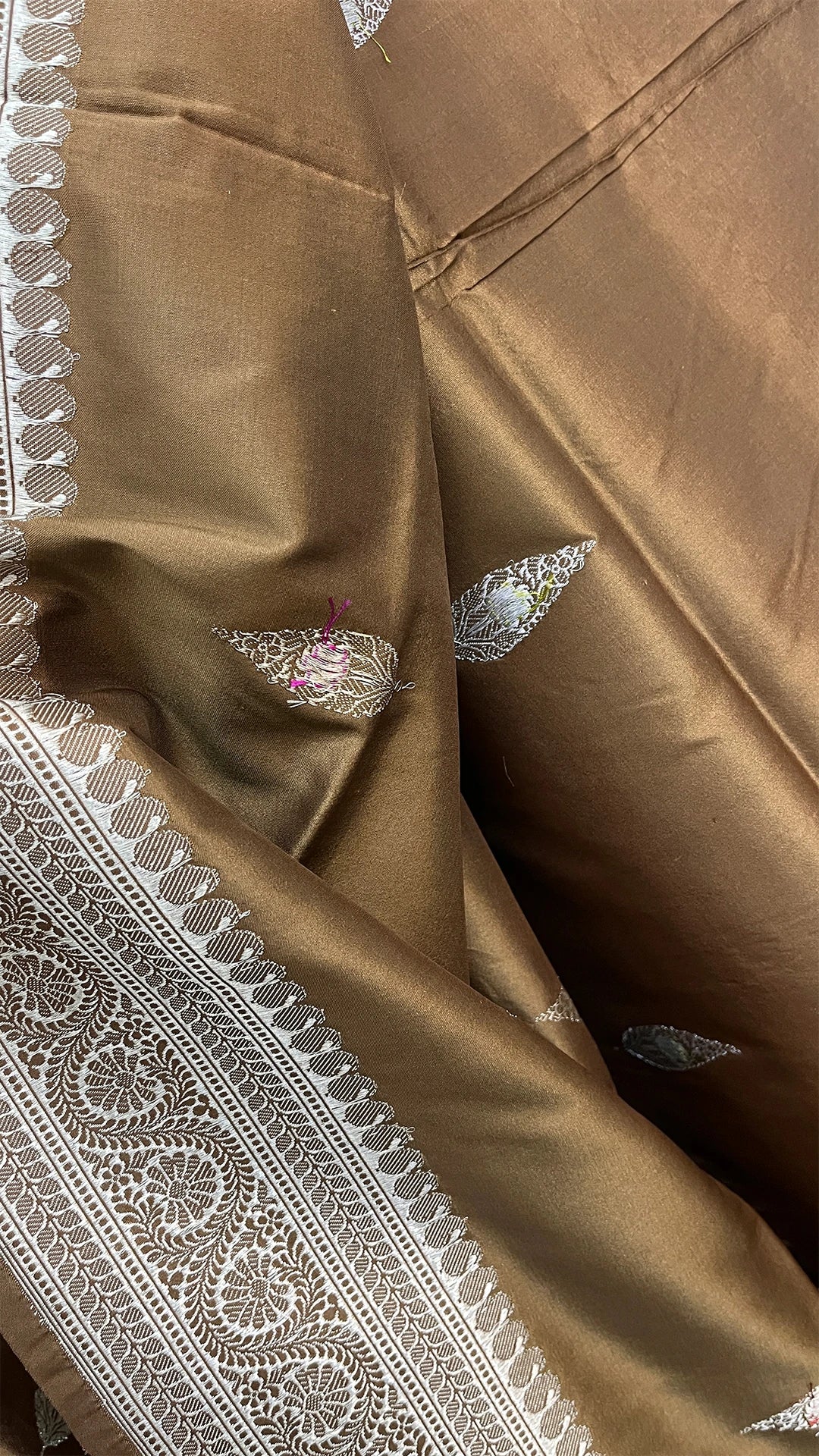 Brown Pure Katan Silk Handloom Banarasi Saree with Meenakari Leaf Butis by The Weaveloom