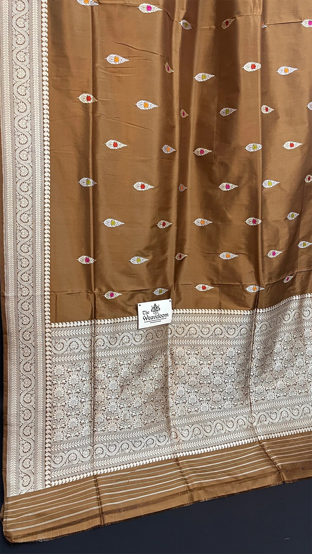 Brown Pure Katan Silk Handloom Banarasi Saree with Meenakari Leaf Butis by The Weaveloom