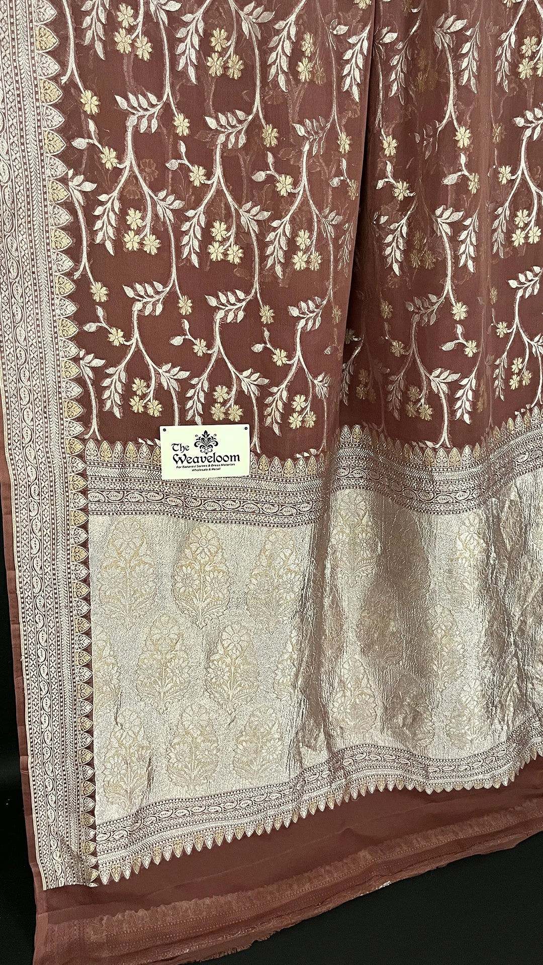 Pallu and border design of Brown Pure Khaddi Georgette Banarasi Saree by The Weaveloom