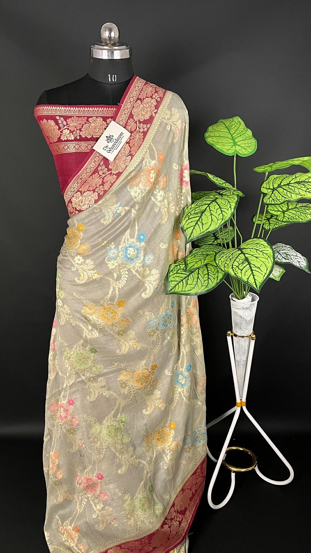 Cement Grey Pure Tussar Georgette Meenakari Banarasi Saree with maroon border by The Weaveloom