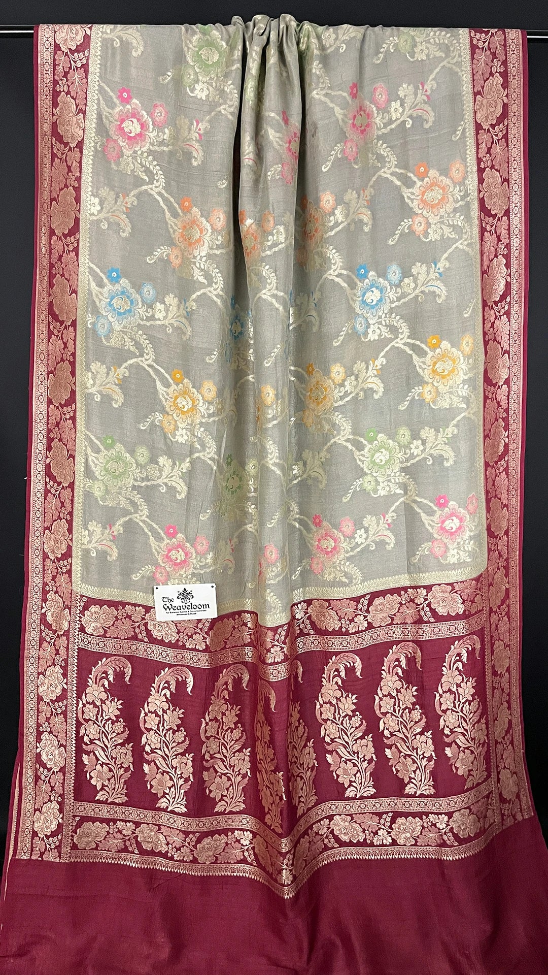 Cement Grey Pure Tussar Georgette Meenakari Banarasi Saree with maroon border by The Weaveloom