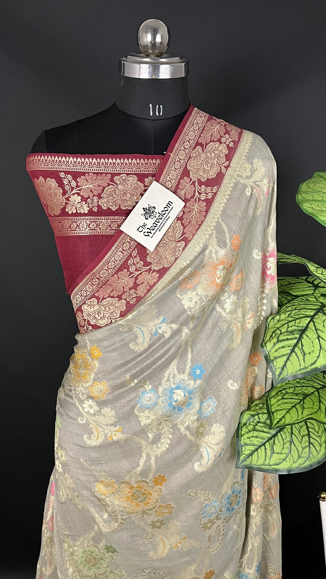 Cement Grey Pure Tussar Georgette Meenakari Banarasi Saree with maroon border by The Weaveloom
