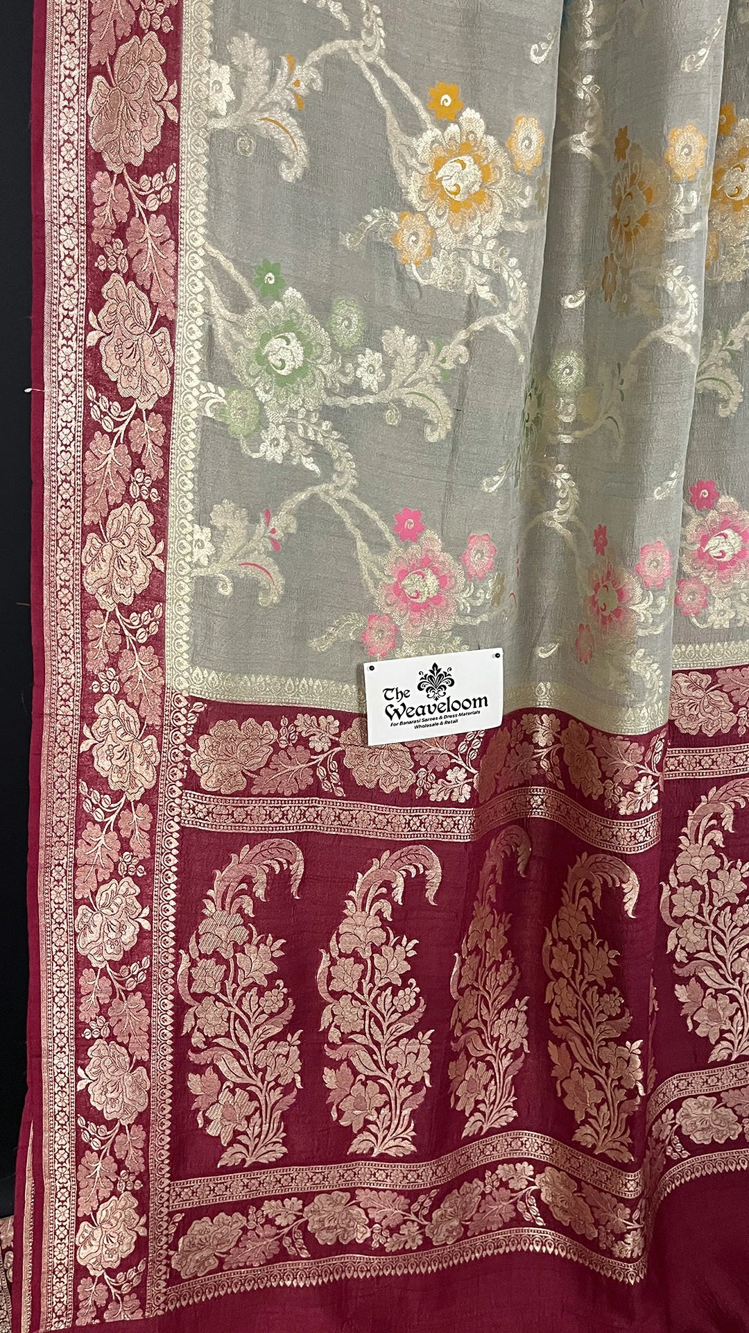 Cement Grey Pure Tussar Georgette Meenakari Banarasi Saree with maroon border by The Weaveloom