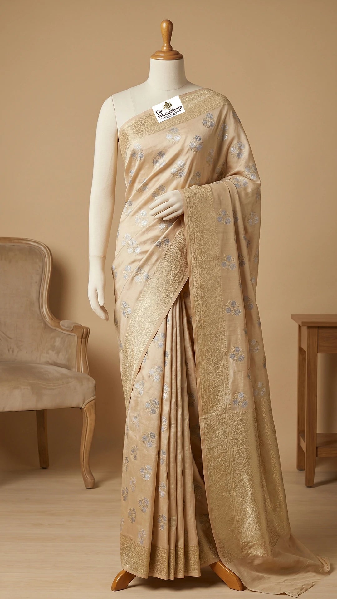 Champagne Gold Floral Buti Tussar Dupion Silk Pure Banarasi Saree by The Weaveloom