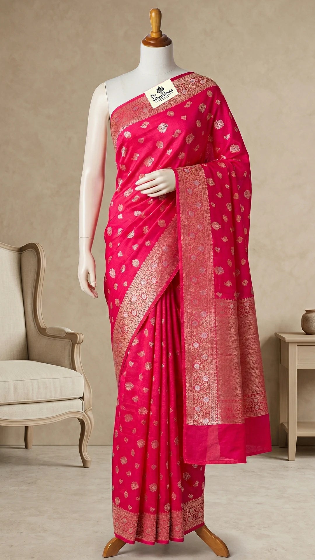 Cherry Pink Chiniya Silk Pure Banarasi Saree with Sona Rupa Zari Buta and Rich Pallu by The Weaveloom