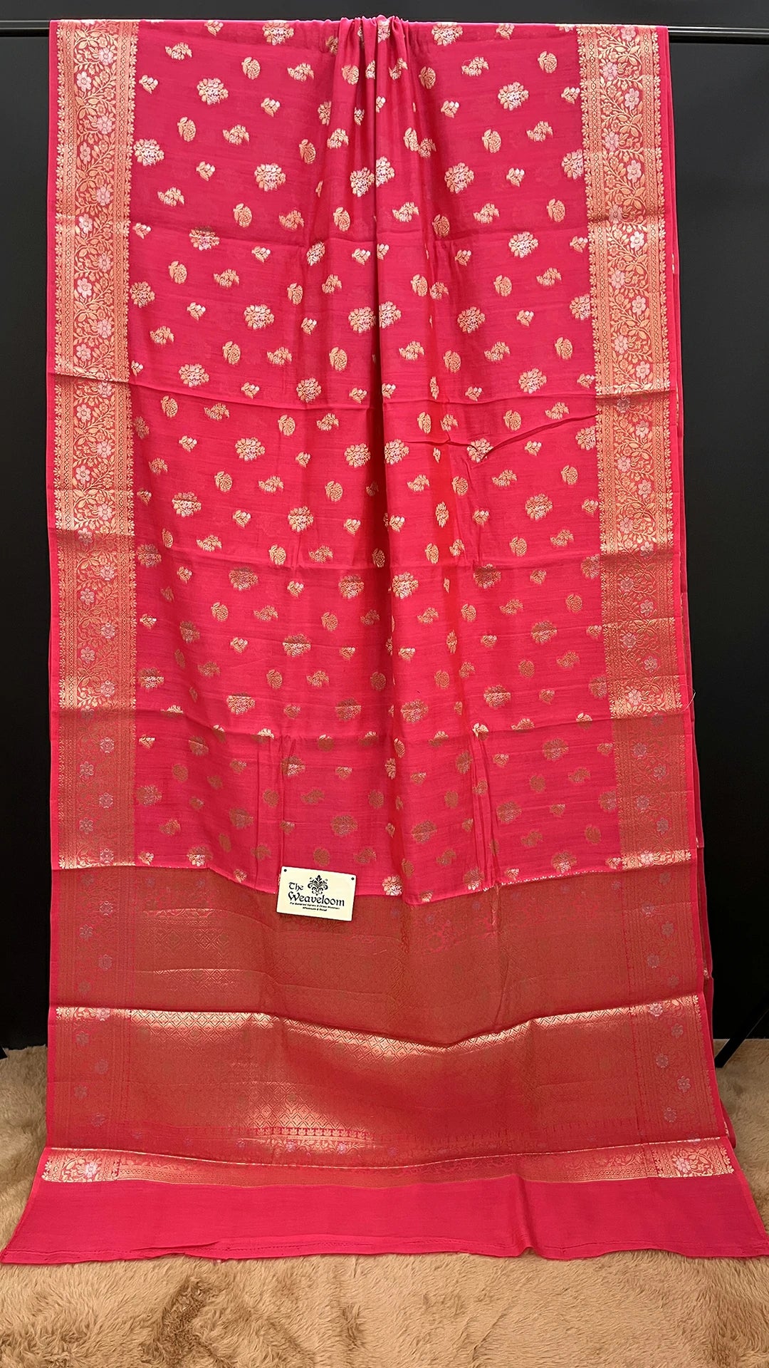 Cherry Pink Chiniya Silk Pure Banarasi Saree with Sona Rupa Zari Buta and Rich Pallu by The Weaveloom