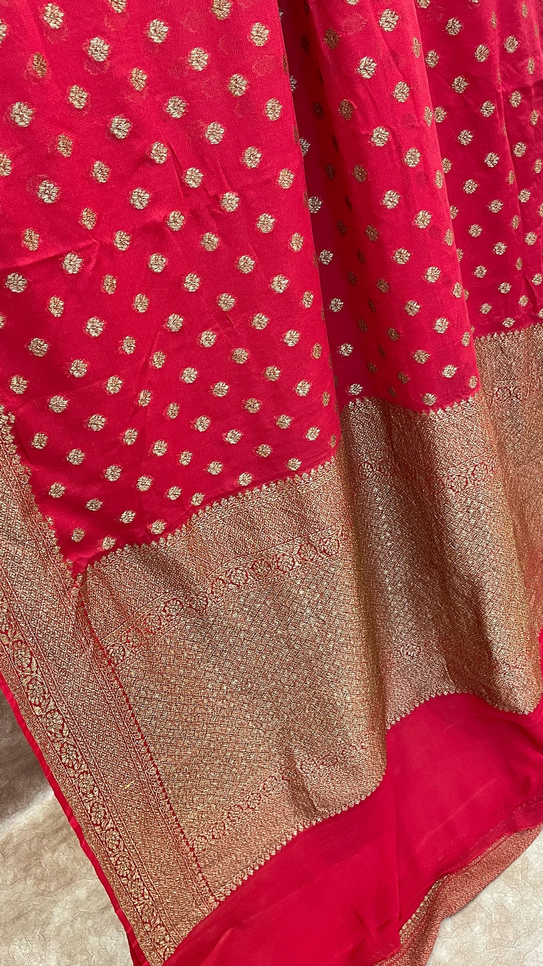 Cherry Pure Khaddi Georgette Banarasi Saree Antique Zari by The Weaveloom