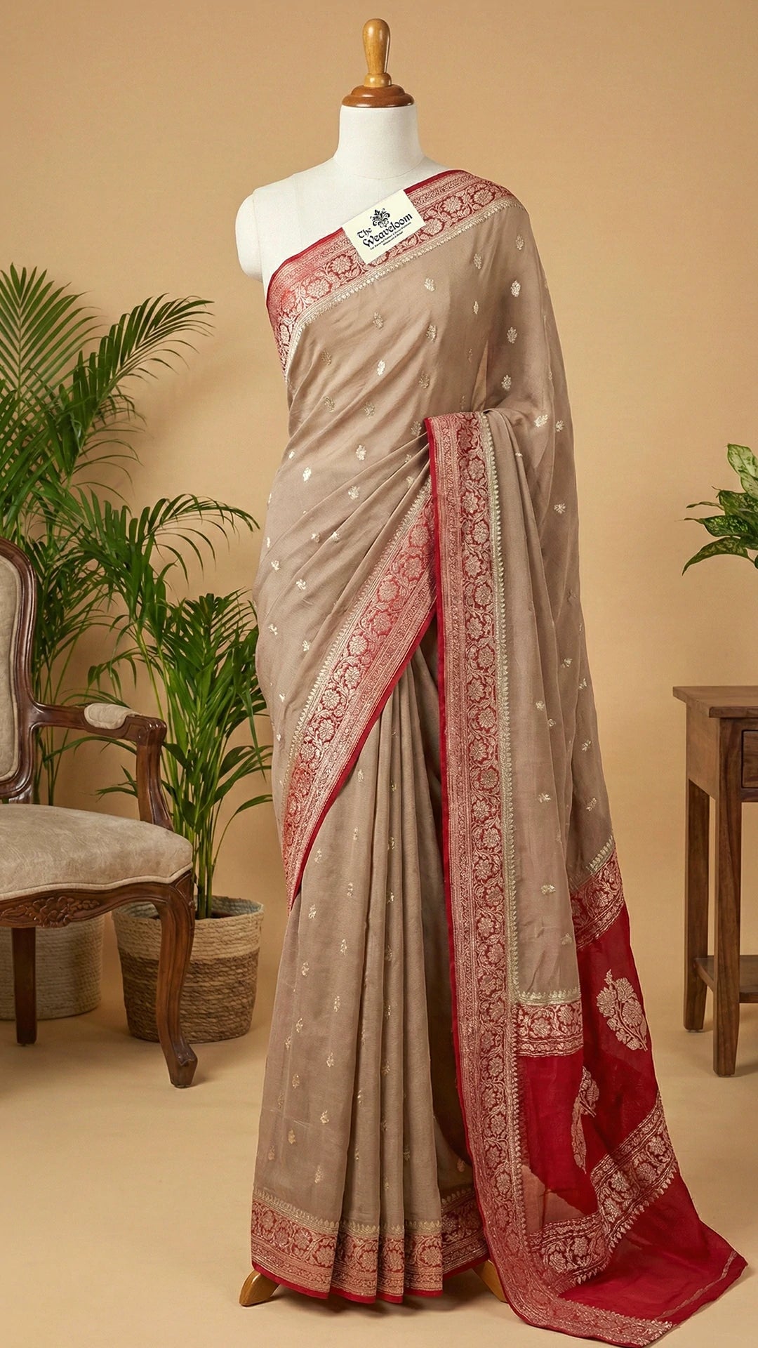 Chiku Khaddi Georgette Pure Banarasi Saree with Silver Zari Border by The Weaveloom