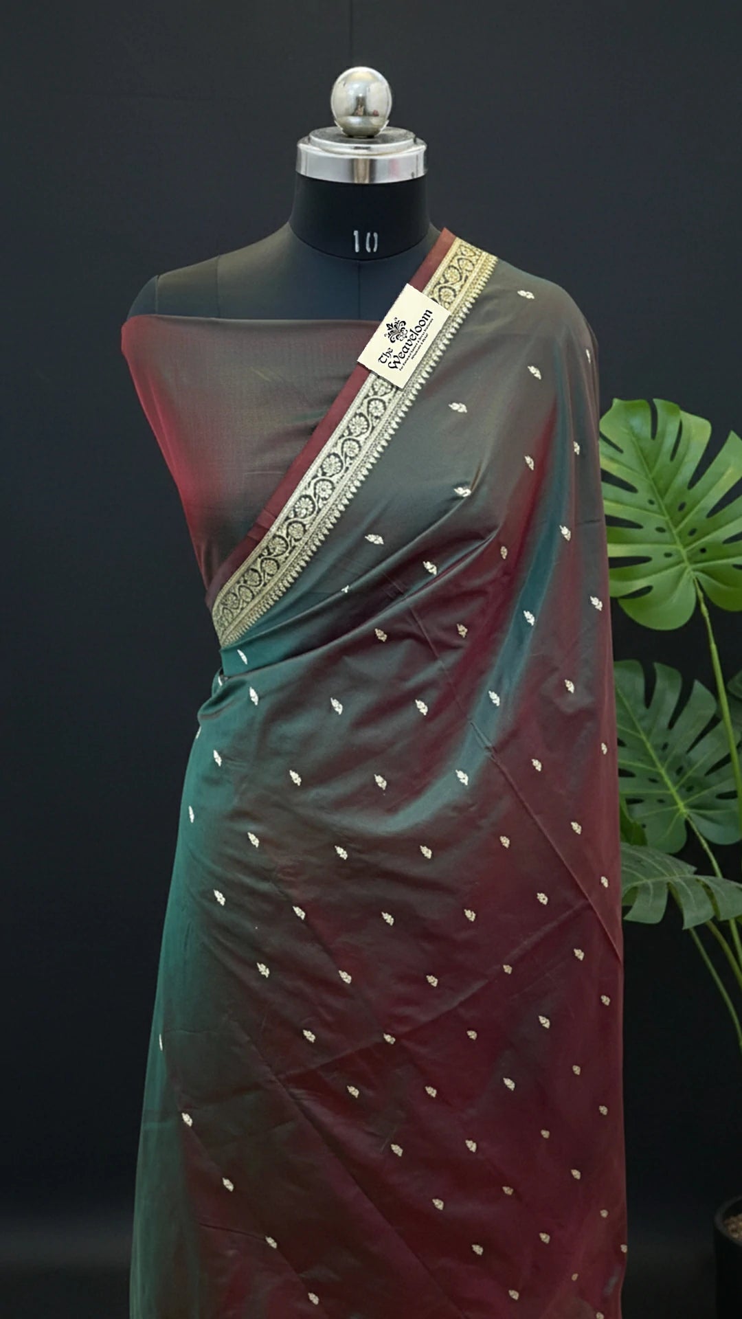 Coffee Green Dual Tone Pure Katan Silk Handloom Banarasi Saree with Floral Motifs by The Weaveloom