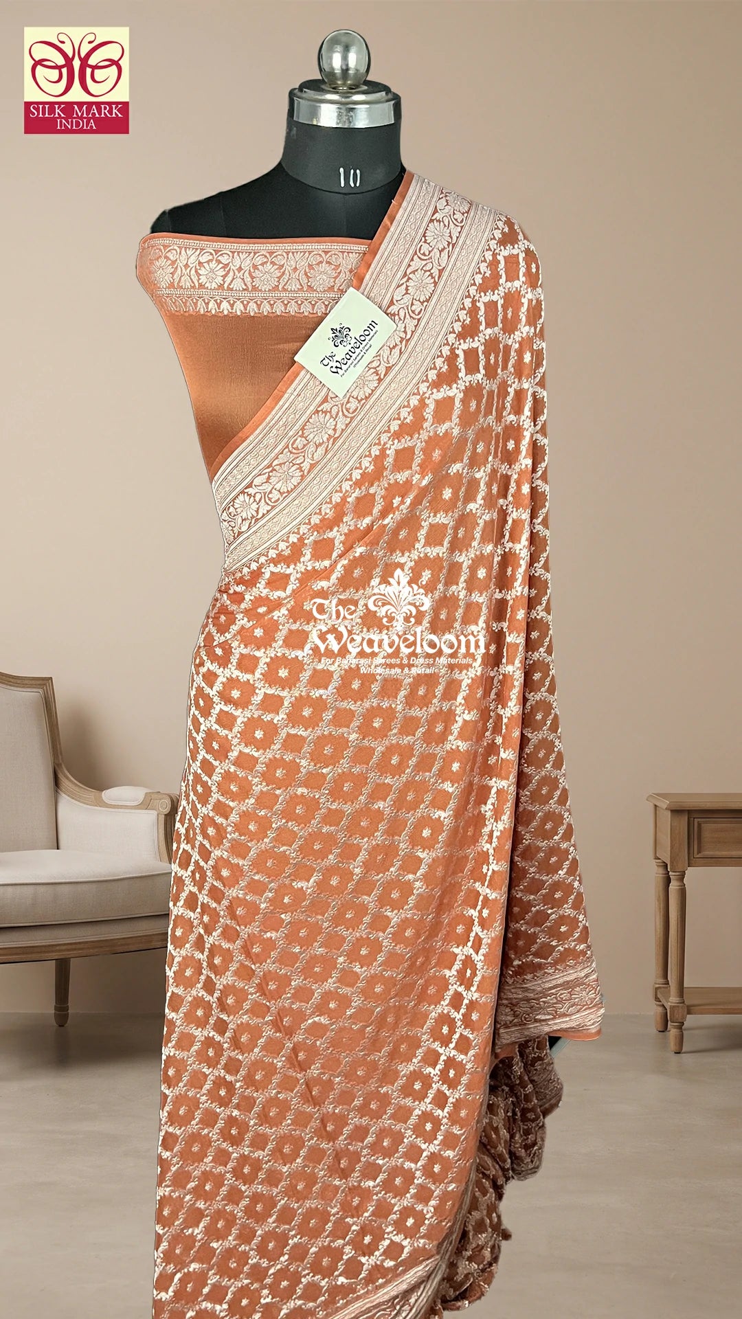 Copper Khaddi Georgette Pure Banarasi Saree with silver zari diamond jaal and paisley pallu by The Weaveloom