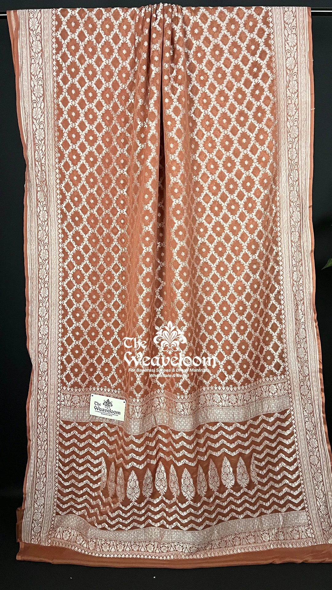 Copper Khaddi Georgette Pure Banarasi Saree with silver zari diamond jaal and paisley pallu by The Weaveloom