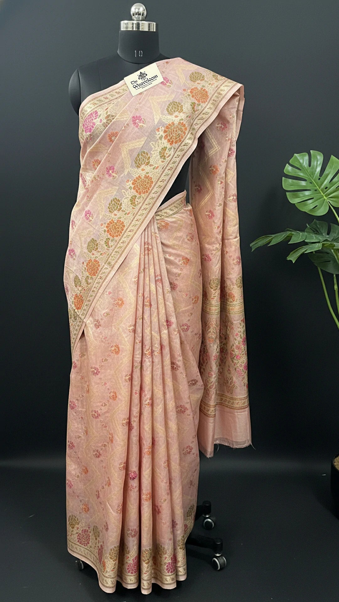 Copper Peach Tussar Silk Pure Banarasi Saree with Meenakari Chevron Zigzag Motif - The Weaveloom