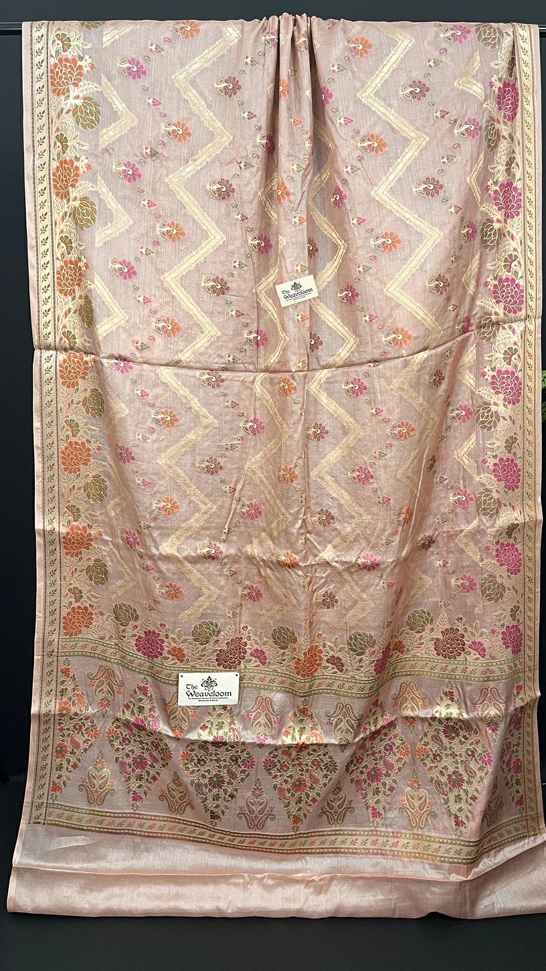 Copper Peach Tussar Silk Pure Banarasi Saree with Meenakari Chevron Zigzag Motif - The Weaveloom