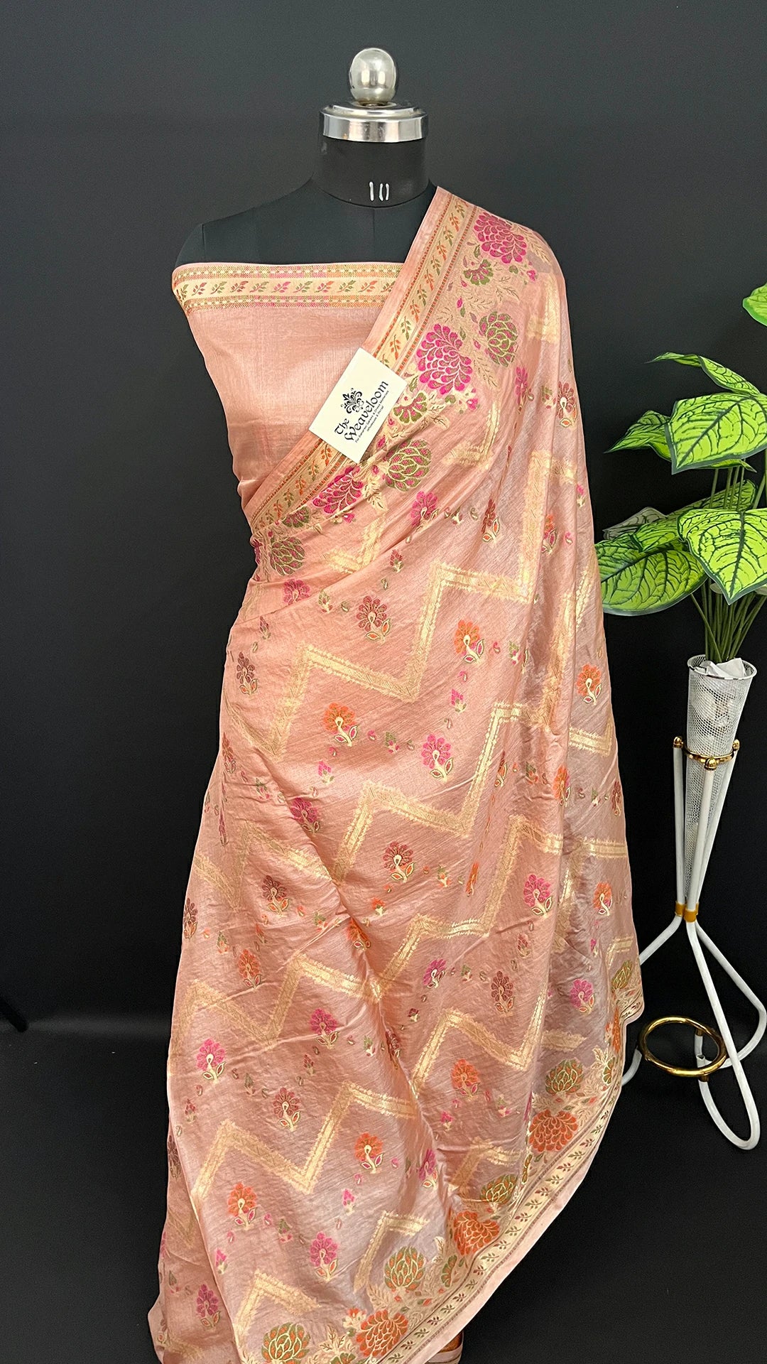 Copper Peach Tussar Silk Pure Banarasi Saree with Meenakari Chevron Zigzag Motif - The Weaveloom