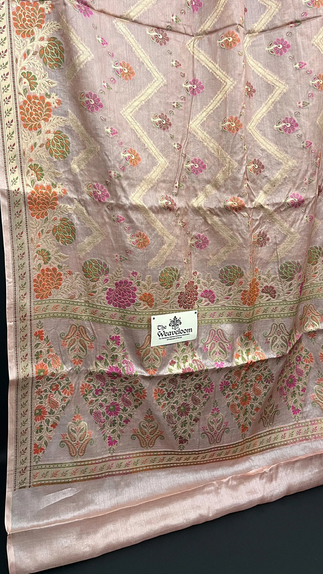 Copper Peach Tussar Silk Pure Banarasi Saree with Meenakari Chevron Zigzag Motif - The Weaveloom