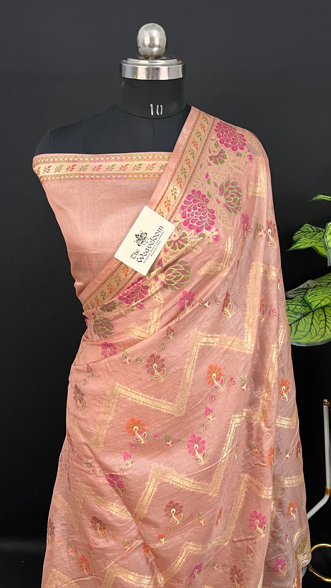 Copper Peach Tussar Silk Pure Banarasi Saree with Meenakari Chevron Zigzag Motif - The Weaveloom