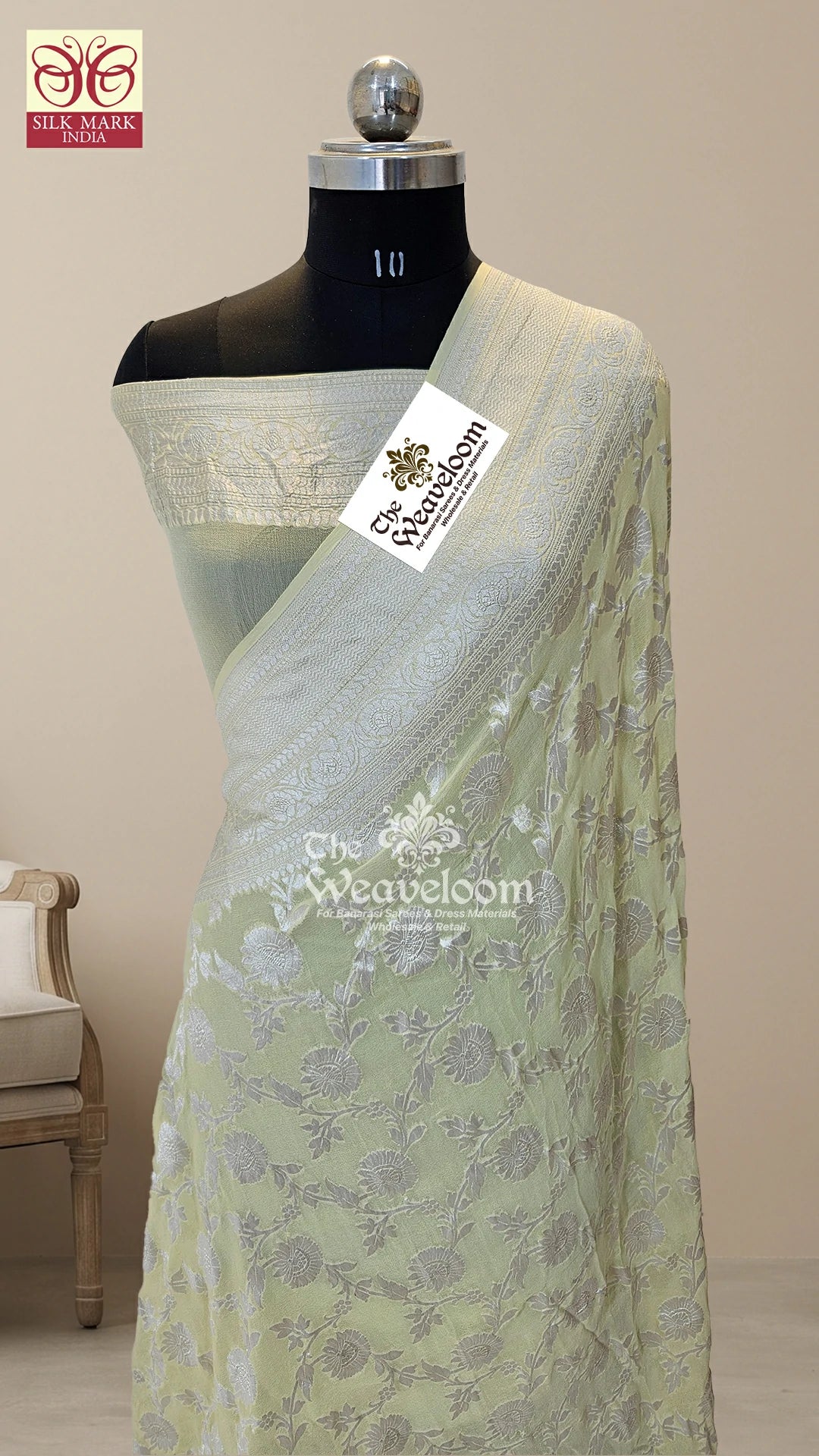 Cream floral jaal silver zari Khaddi Georgette pure Banarasi saree by The Weaveloom