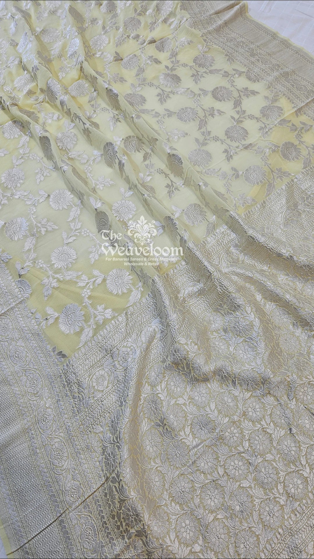 Cream floral jaal silver zari Khaddi Georgette pure Banarasi saree by The Weaveloom