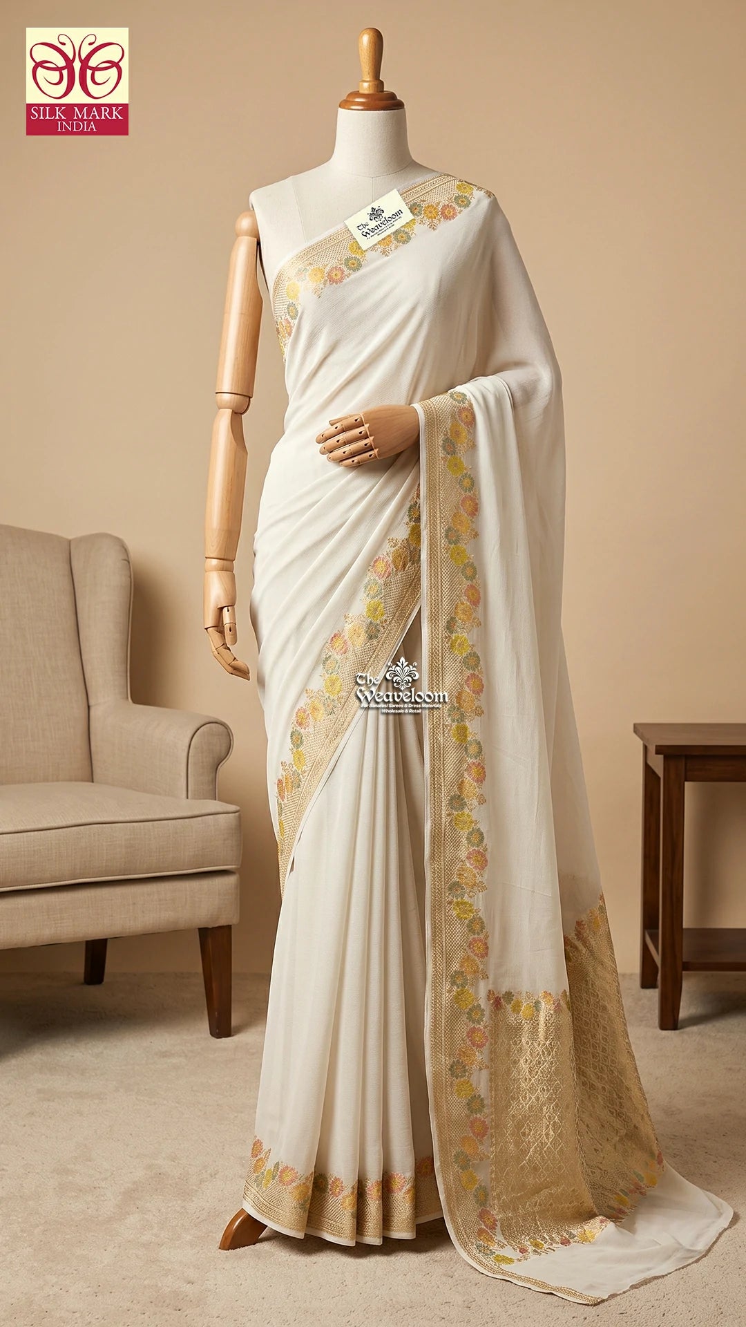 Cream Kalamkari Zari Khaddi Georgette Pure Banarasi Saree by The Weaveloom