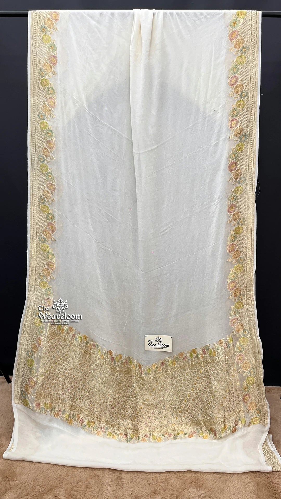 Cream Kalamkari Zari Khaddi Georgette Pure Banarasi Saree by The Weaveloom