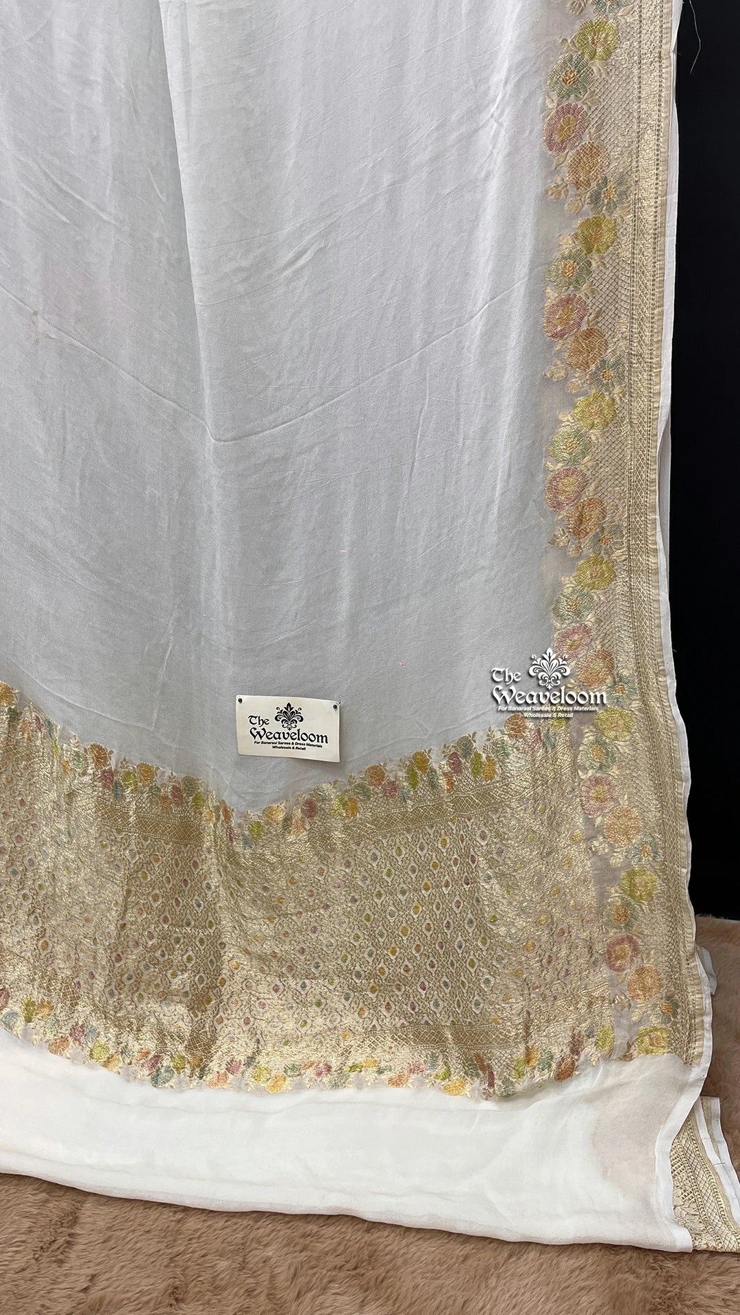 Cream Kalamkari Zari Khaddi Georgette Pure Banarasi Saree by The Weaveloom