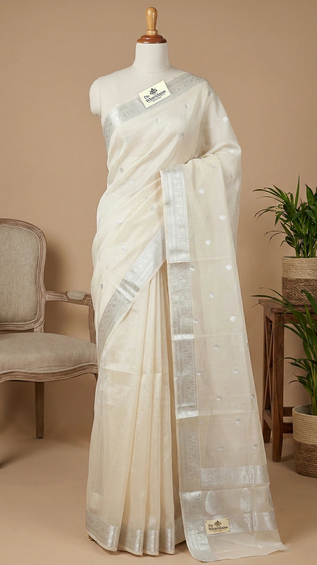 Cream Kora Silk Pure Handloom Banarasi Saree with Silver Buti and Elegant Border by The Weaveloom