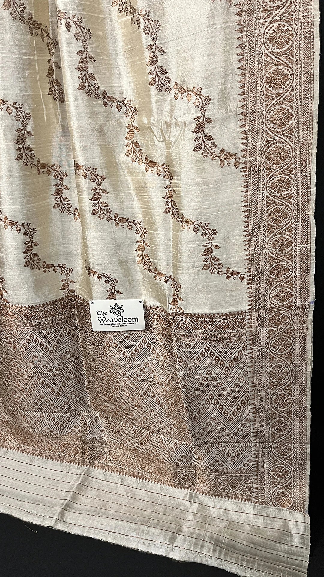 Cream Pure Raw Silk Banarasi Saree with Antique Zari Floral Motifs and Ornate Border by The Weaveloom
