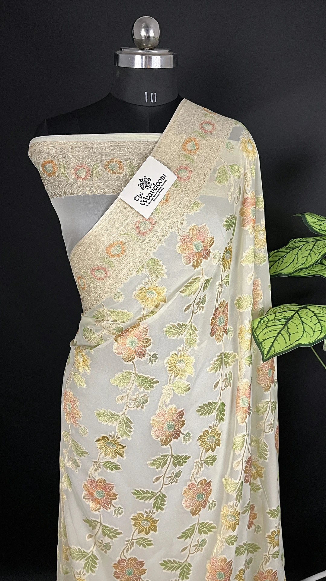 Cream Pure Viscose Georgette Saree with Pastel Floral Weave and Soft Zari Border by The Weaveloom - 100% Colour Customization