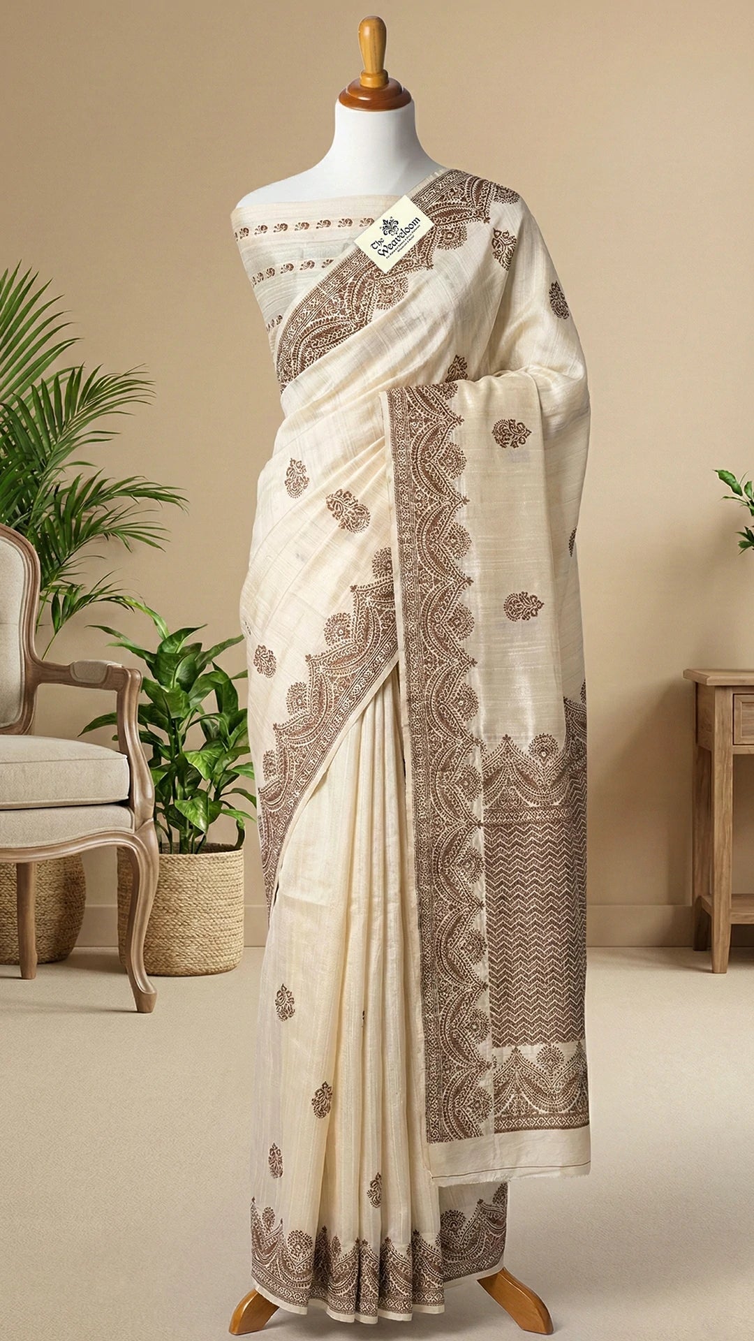 Cream raw silk pure handloom Banarasi saree with antique zari border and buti pattern by The Weaveloom