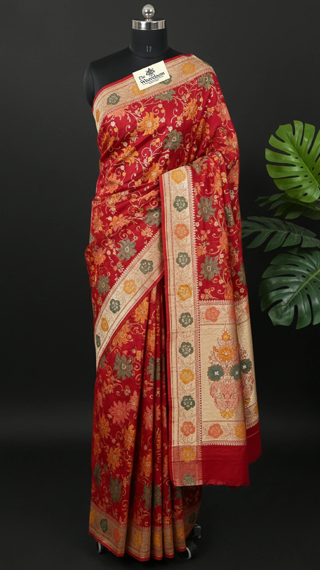 Crimson Red Pure Munga Silk Banarasi Saree with Floral Meenakari Jaal and Zari Border by The Weaveloom