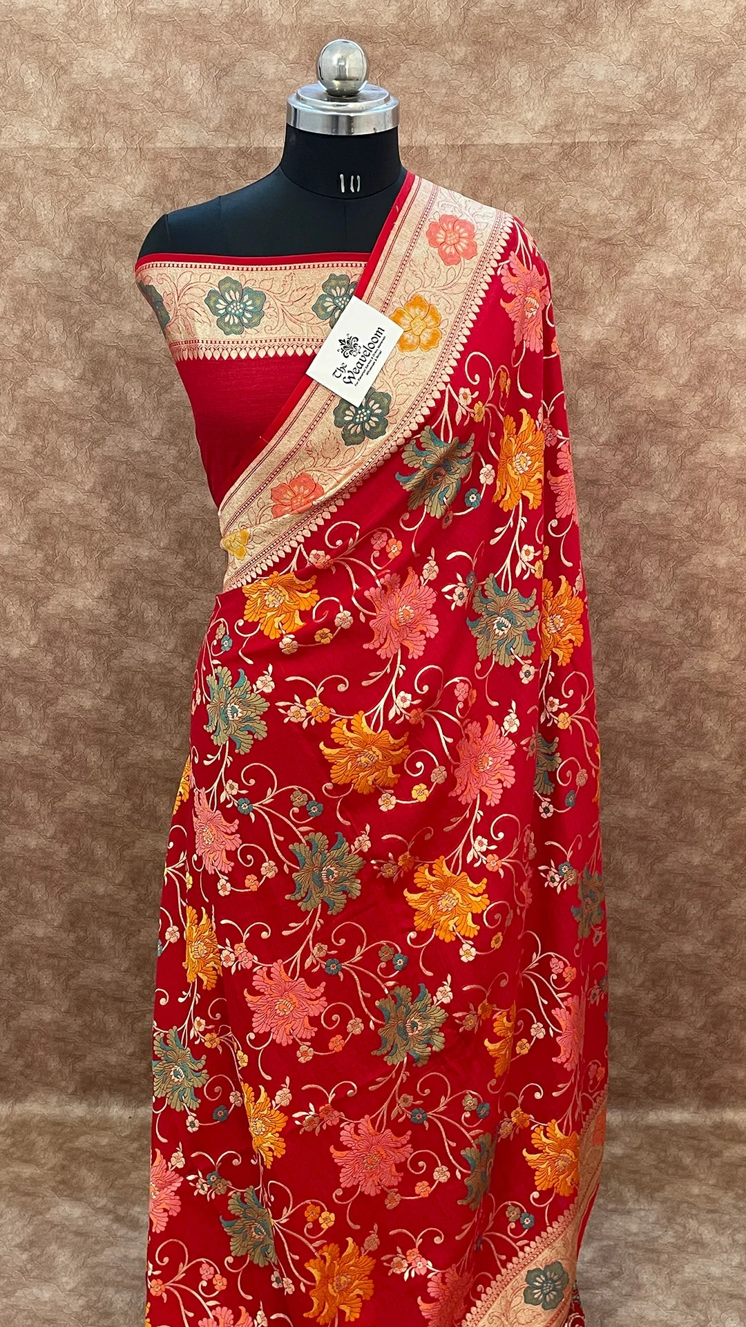 Crimson Red Pure Munga Silk Banarasi Saree with Floral Meenakari Jaal and Zari Border by The Weaveloom